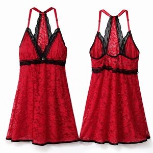 In‎ Bloom by Jonquil Red Black Lace Halter Chemise Babydoll Nightgown S Lingerie